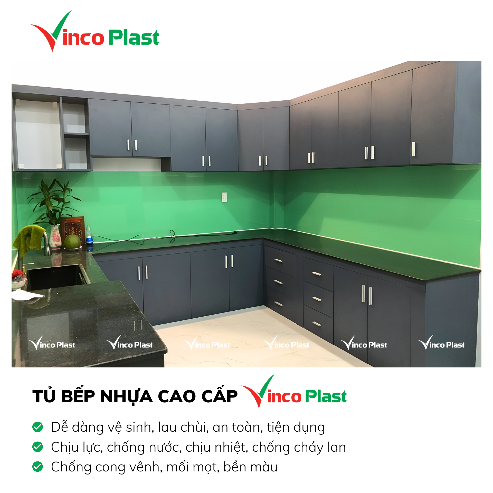 Tủ bếp nhựa cao cấp Vincoplast hình chữ U màu HY014 - Tủ nhựa Bình Dương .com