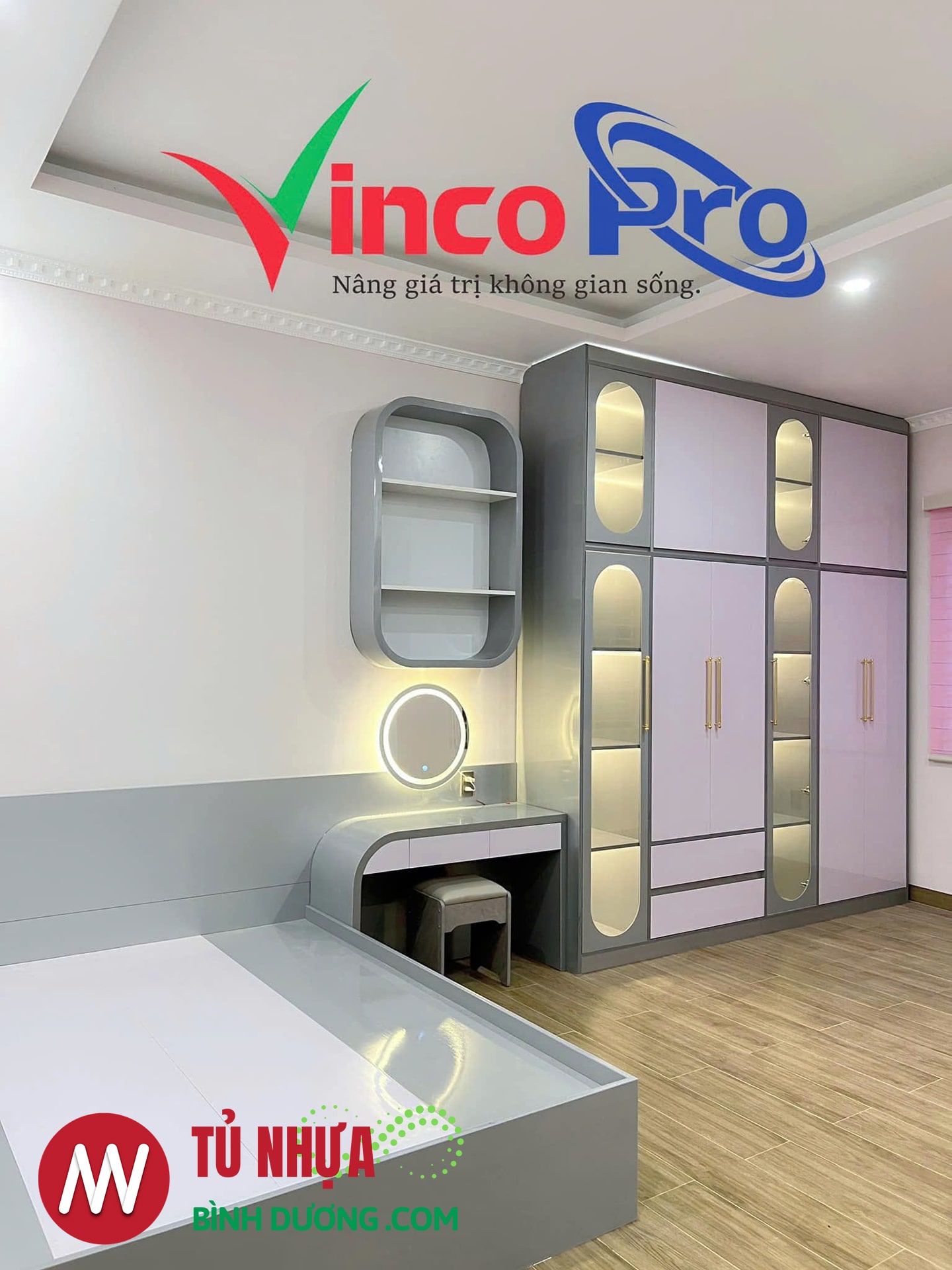 Tủ quần áo khoét cánh, có đèn led và giường ngủ nhựa cao cấp Vinopro Bình Dương